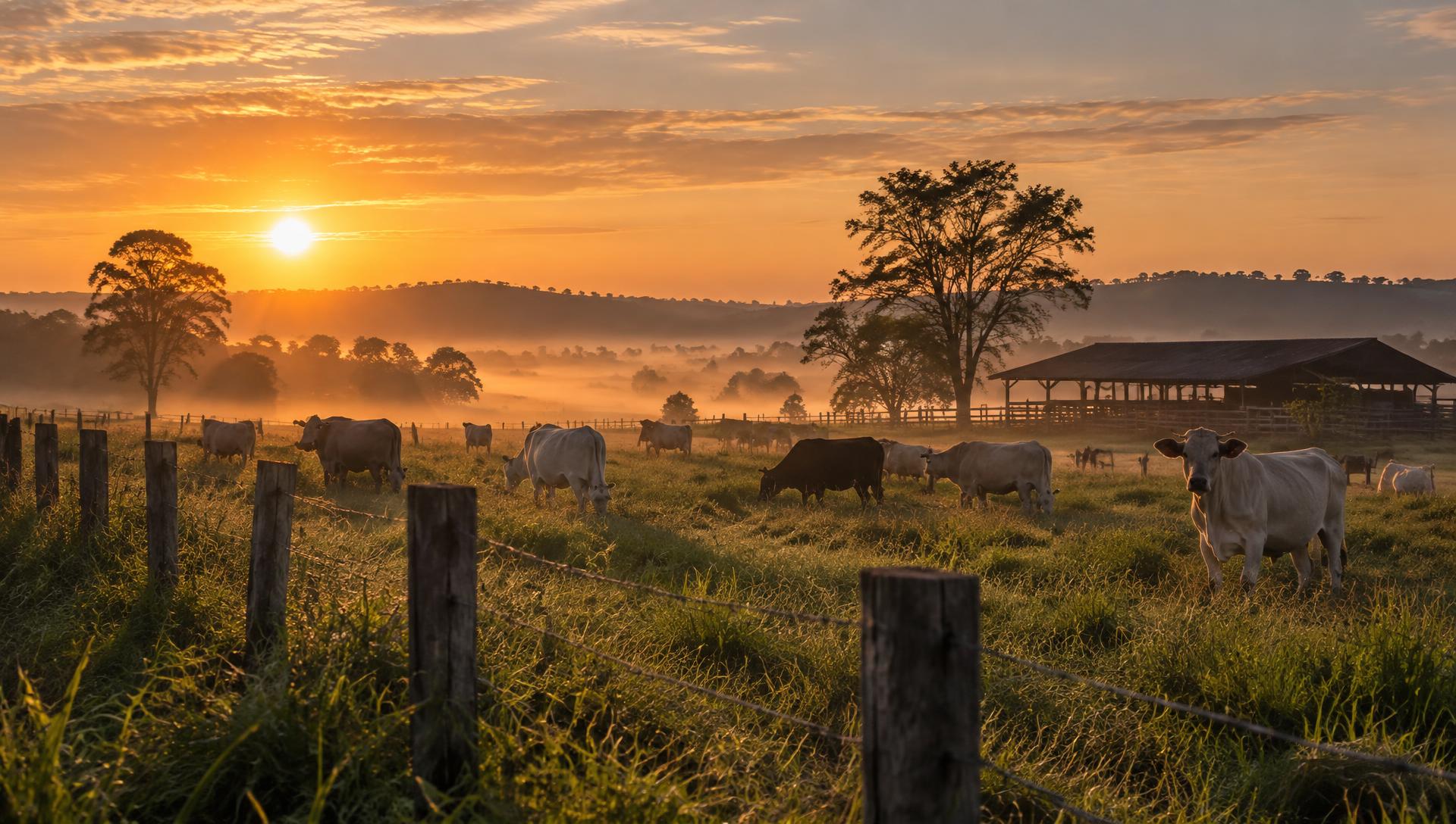 Propriedade rural ao amanhecer com rebanho no pasto